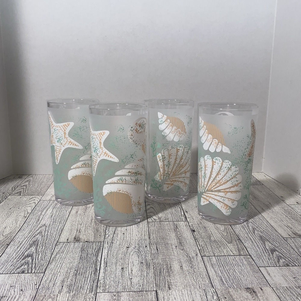 Vtg H. J. STOTTER Seashell Starfish Beach Acrylic Tumblers Glasses Set Of 4 USA